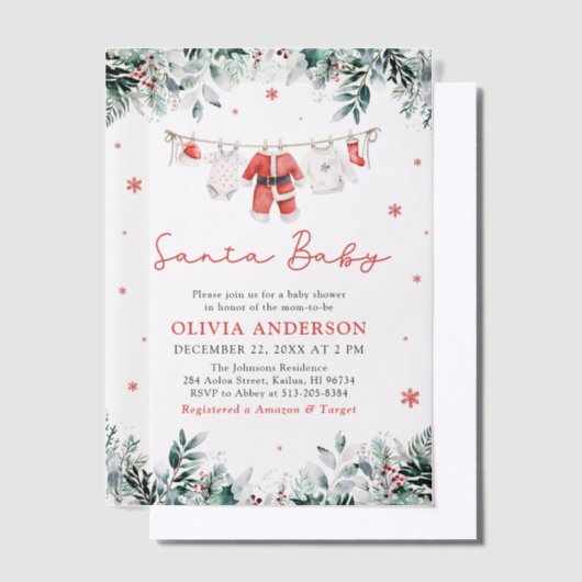 レッドサンタベビークリスマスクロザラインベビーシャワー ベラム紙招待状 (オフセット)