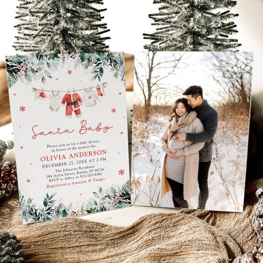 レッドサンタベビークリスマスクロザラインベビーシャワー 招待状