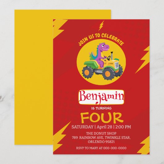 レッドサンダーキュート恐竜トラックスクール誕生日 招待状 (正面/裏面)