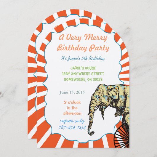 レッドサーカスカラフルゾウバイクもしくは自転車に乗る人誕生日パーティー 招待状 (正面/裏面)