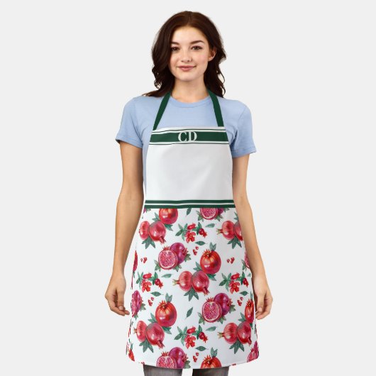 レッドザクロ果樹園オールオーバープリントモノグラム エプロン (着用した状態)