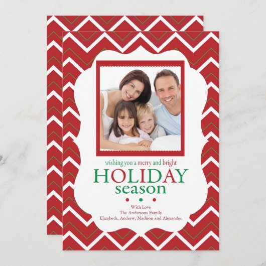 レッドシェブロンストライプレトロホリデーフォトカード 招待状 (正面/裏面)