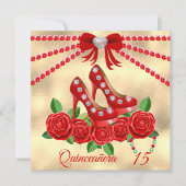 レッドシューズ、宝石とバラフラワーキンセアニラ 招待状 (正面)