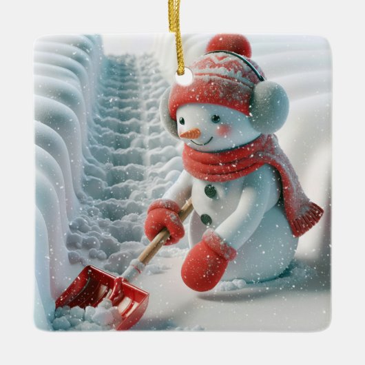 レッドショベル付きクリスマス雪だるま セラミックオーナメント (正面)