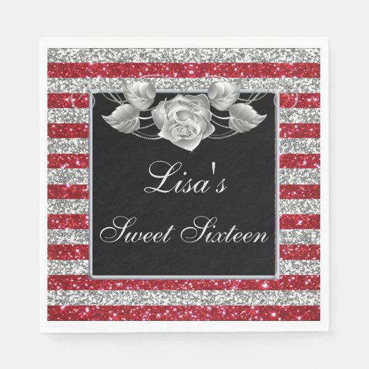 レッドシルバーエレガントグリッターシルバーバラスウィート16 スタンダードランチョンナプキン (正面)