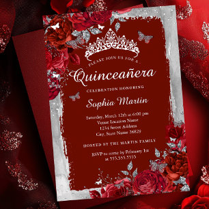 レッドシルバーエレガントフラワーバタフライQuinceanera 箔招待状