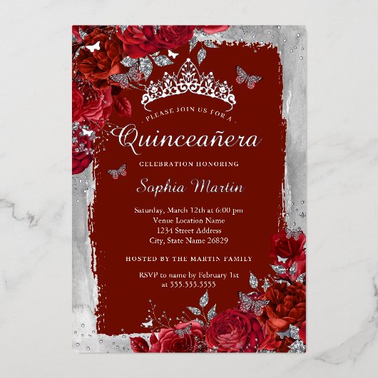 レッドシルバーエレガントフローラバタフライキンセアニェラ 箔招待状 (正面)