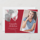 レッドシルバーグリッターバルーン卒業パーティー写真 招待状 (正面)