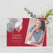 レッドシルバーグリッターバルーン卒業パーティー写真 招待状 (スタンド正面)