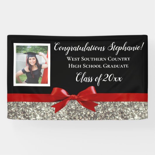 レッドシルバーグリッター写真卒業バナーの看板 横断幕 (横)