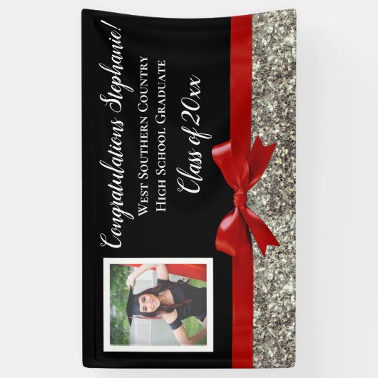 レッドシルバーグリッター写真卒業バナーの看板 横断幕 (縦)