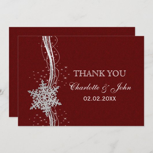 レッドシルバースノーフレーク冬の結婚式ありがとう 招待状 (正面/裏面)