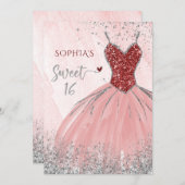 レッドシルバースパークルグリッタードレススウィート16誕生日 招待状 (正面/裏面)