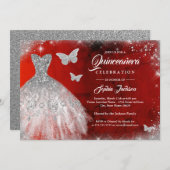 レッドシルバースパークルドレス蝶キンセアニェラ 招待状 (正面/裏面)