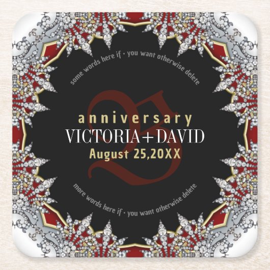 レッドシルバーダイヤ結婚ズアニバーサリーボックス スクエアペーパーコースター (正面)