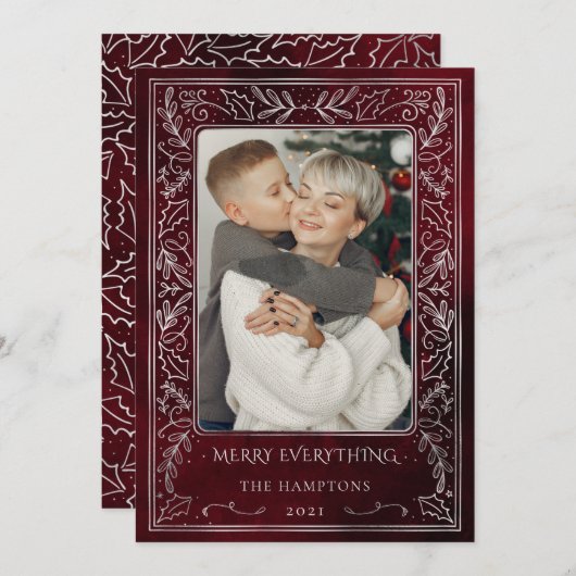 レッドシルバーパインホリーベリーフォトホリデーカード シーズンカード (正面/裏面)