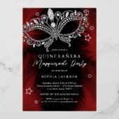 レッドシルバーブラックマスカレードマスクスターキンセアニェラ 箔招待状 (正面)