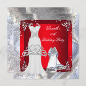 レッドシルバーホワイトドレスハイヒールシューズティアラ 招待状 (正面/裏面)