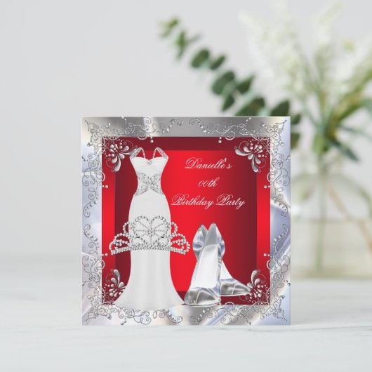 レッドシルバーホワイトドレスハイヒールシューズティアラ 招待状 (スタンド正面)