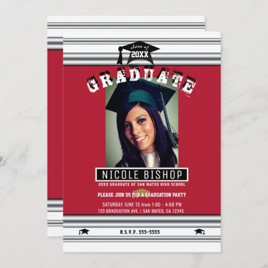 レッドシルバーホワエレガントイト写真卒業パーティー 招待状 (正面/裏面)