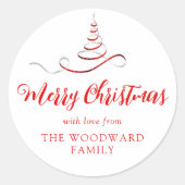 レッドシルバーリボンツリーメリークリスマススクリプト ラウンドシール (正面)