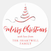 レッドシルバーリボンツリーメリークリスマススクリプト ラウンドシール (正面)