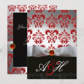 レッドシルバーリボン&ブラックダマスクモノグラムルビー 招待状 (正面/裏面)