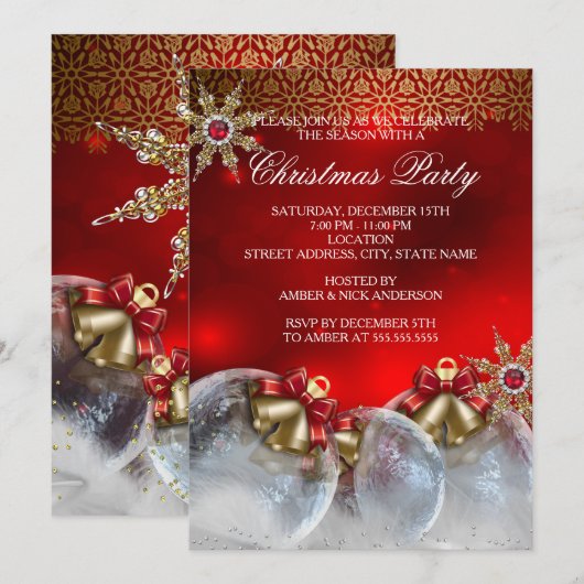 レッドシルバー金ゴールドホリーボーブルクリスマスパーティーnew3 招待状 (正面/裏面)