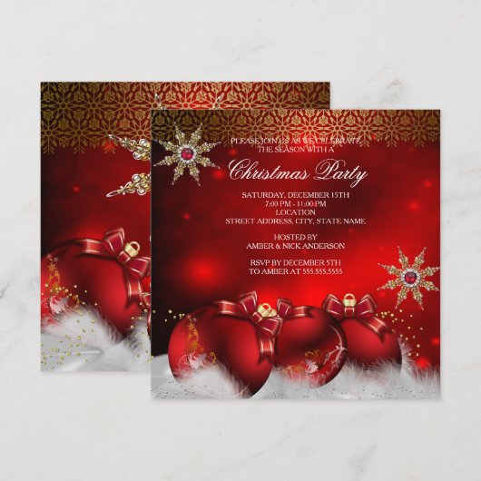 レッドシルバー金ゴールドホリーボーブルクリスマスパーティーnew4 招待状 (正面/裏面)