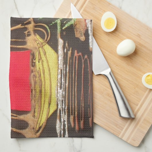 レッドシルボートランドスケープオイルペインティングアートプリント キッチンタオル (四つ折り)