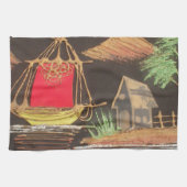 レッドシルボートランドスケープオイルペインティングアートプリント キッチンタオル (横)