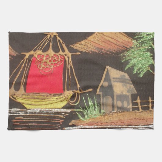 レッドシルボートランドスケープオイルペインティングアートプリント キッチンタオル (横)