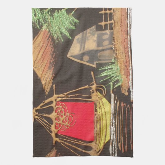 レッドシルボートランドスケープオイルペインティングアートプリント キッチンタオル (縦)