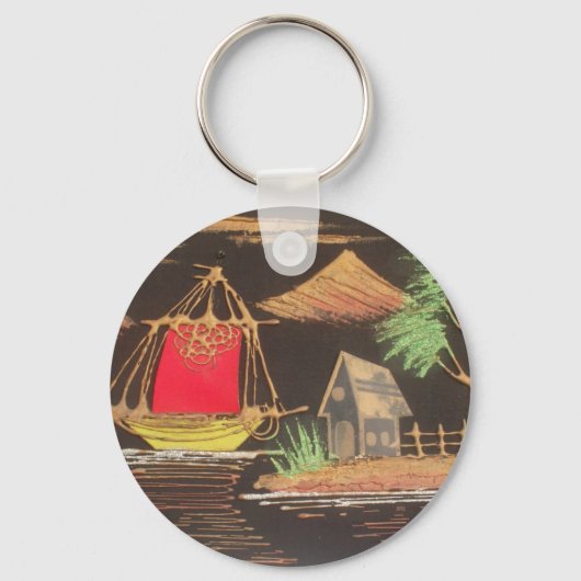 レッドシルボートランドスケープオイルペインティングアートプリント キーホルダー (正面)