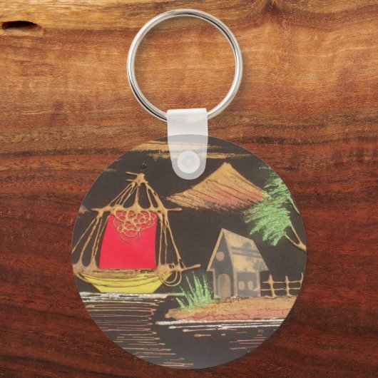 レッドシルボートランドスケープオイルペインティングアートプリント キーホルダー (正面)