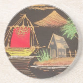 レッドシルボートランドスケープオイルペインティングアートプリント コースター (正面)