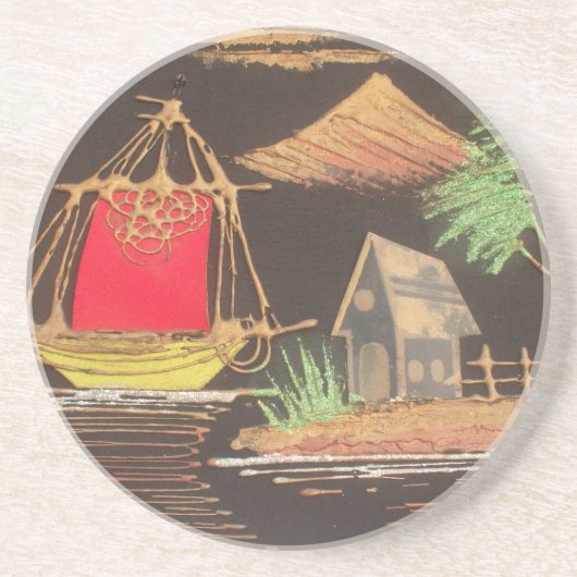 レッドシルボートランドスケープオイルペインティングアートプリント コースター (正面)