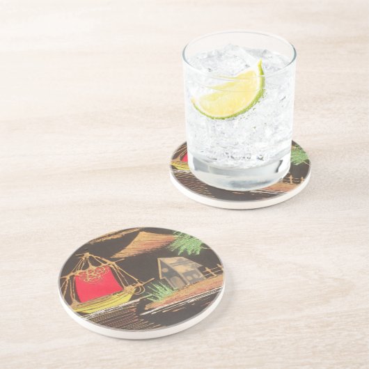 レッドシルボートランドスケープオイルペインティングアートプリント コースター (側面)
