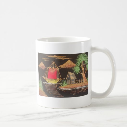 レッドシルボートランドスケープオイルペインティングアートプリント コーヒーマグカップ (右)