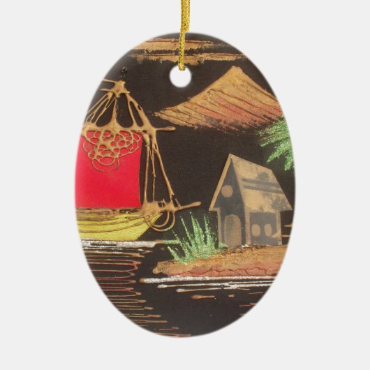 レッドシルボートランドスケープオイルペインティングアートプリント セラミックオーナメント (正面)