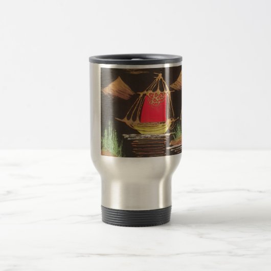 レッドシルボートランドスケープオイルペインティングアートプリント トラベルマグ (中央)