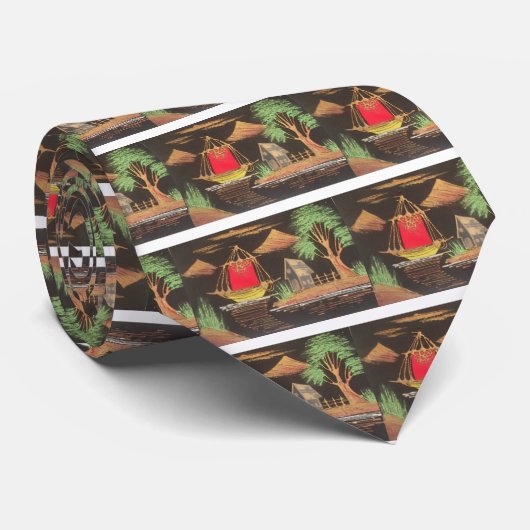 レッドシルボートランドスケープオイルペインティングアートプリント ネクタイ (ロール)