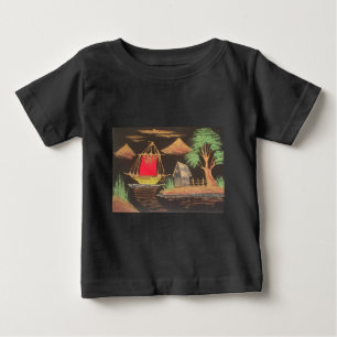 レッドシルボートランドスケープオイルペインティングアートプリント ベビーTシャツ