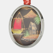 レッドシルボートランドスケープオイルペインティングアートプリント メタルオーナメント (左)