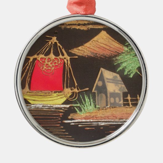 レッドシルボートランドスケープオイルペインティングアートプリント メタルオーナメント (正面)