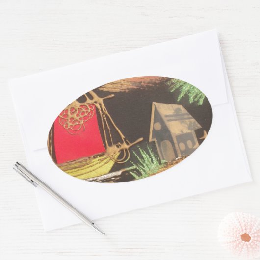 レッドシルボートランドスケープオイルペインティングアートプリント 楕円形シール (封筒)