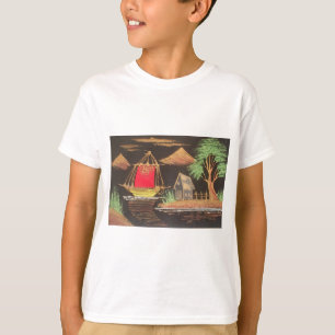 レッドシルボートランドスケープオイルペインティングアートプリント Tシャツ