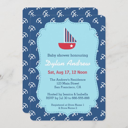 レッドシルボート航海のベビーシャワー招待状 招待状 (正面/裏面)