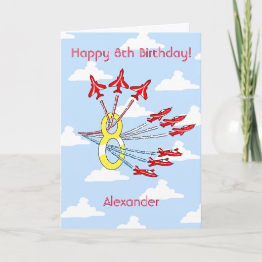 レッドジェット飛行機- 8th (Blue Sky)誕生日カード カード (正面)