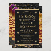 レッドジャングルサファリグリッターアゲート21歳の誕生日 招待状 (正面/裏面)